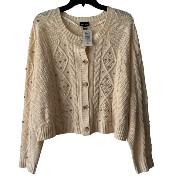 NWT Torrid Cropped Cable Cardigan Embellished Sweater Cream Diamond Size 2X - Picture 2 of 6